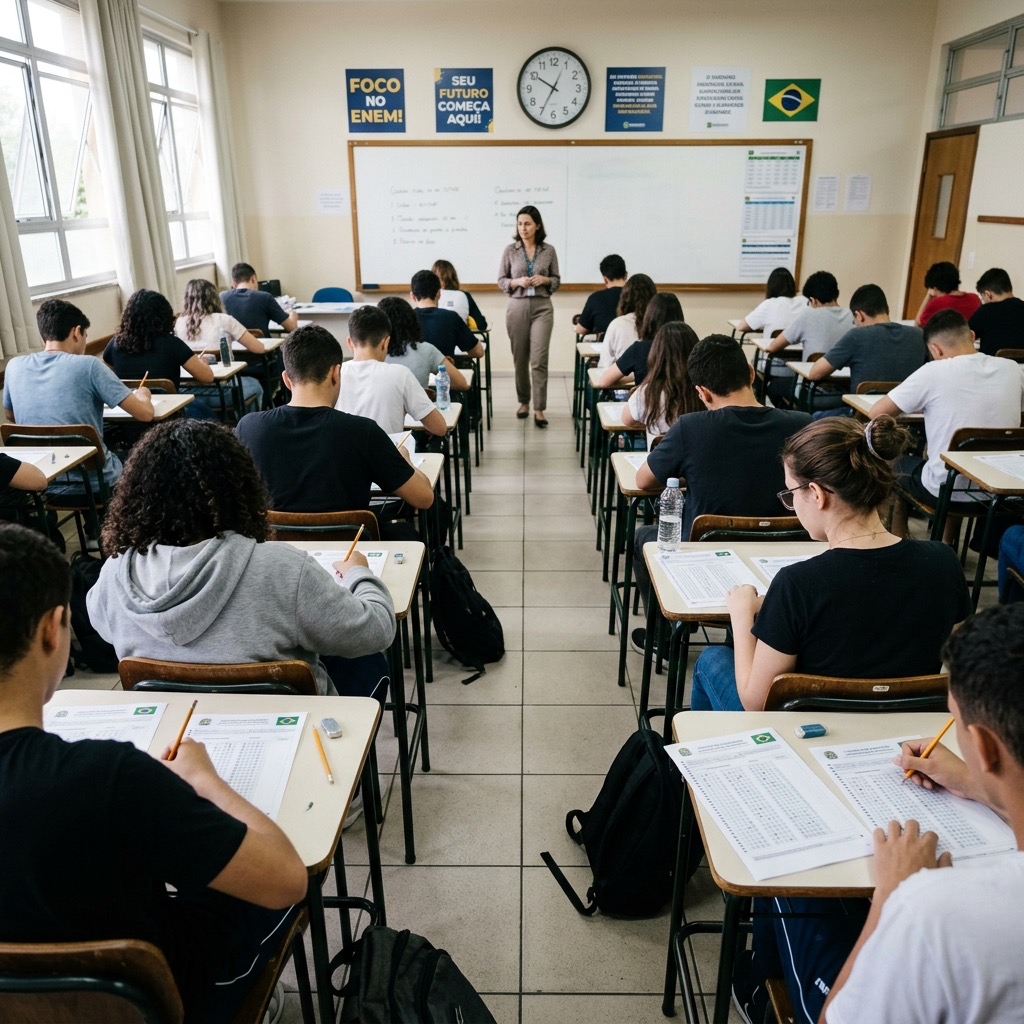 Sala de cursinho com alunos em simulado ENEM, professora ao fundo