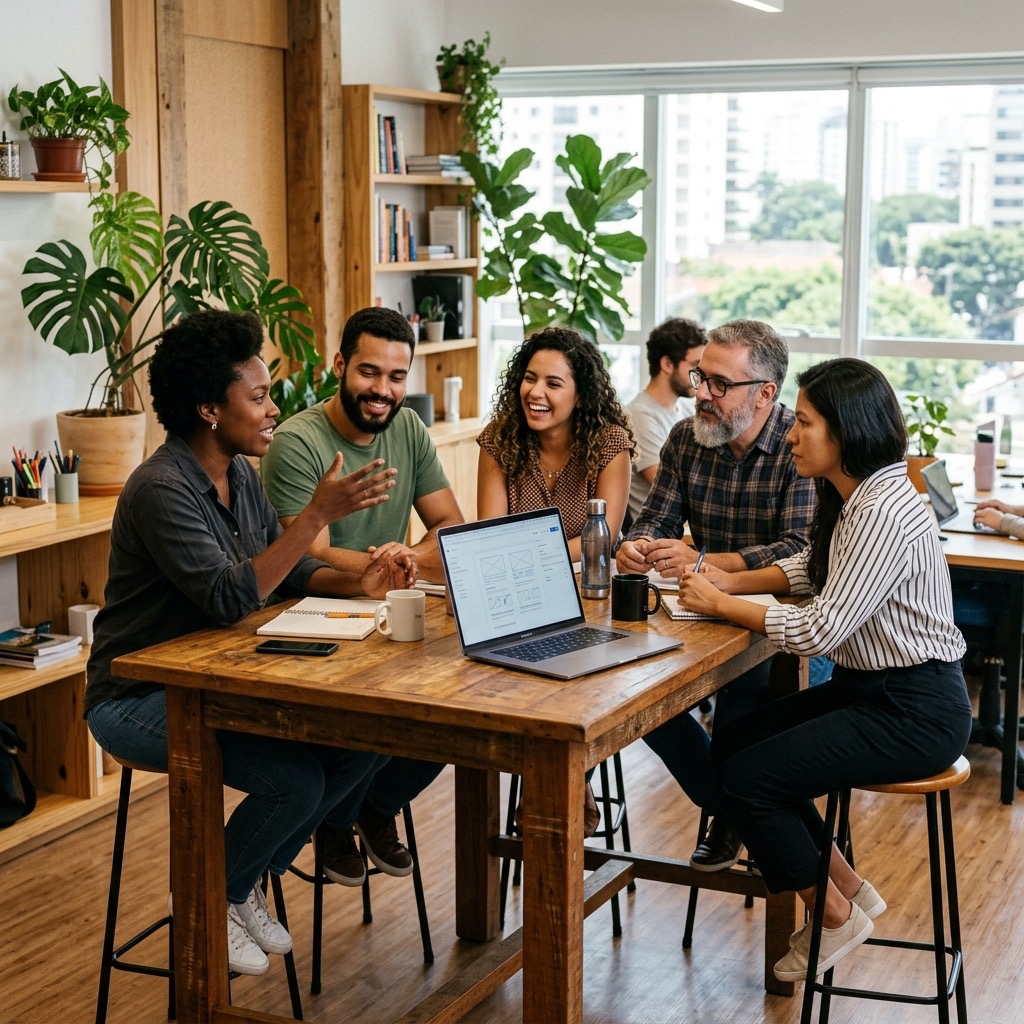 Time KodarEdu em conversa colaborativa em torno da mesa de trabalho